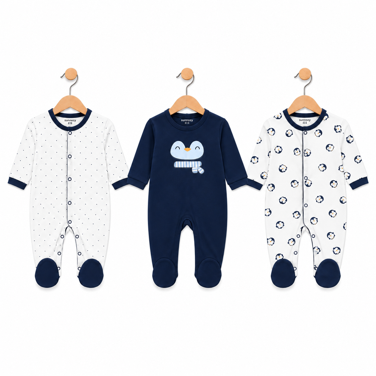 Penguin – Navy Blue & White baby footed romper