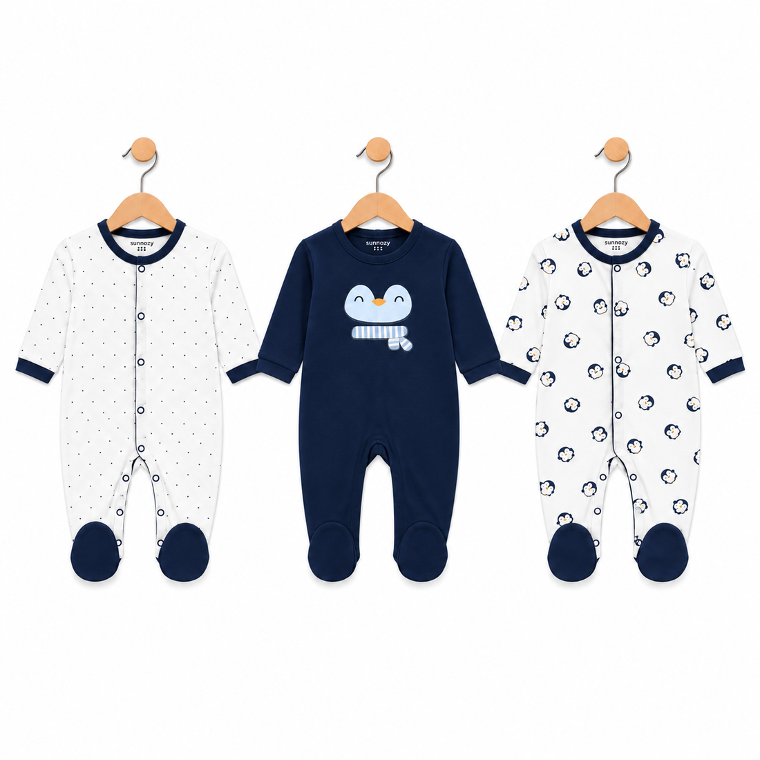 Penguin – Navy Blue & White baby footed romper