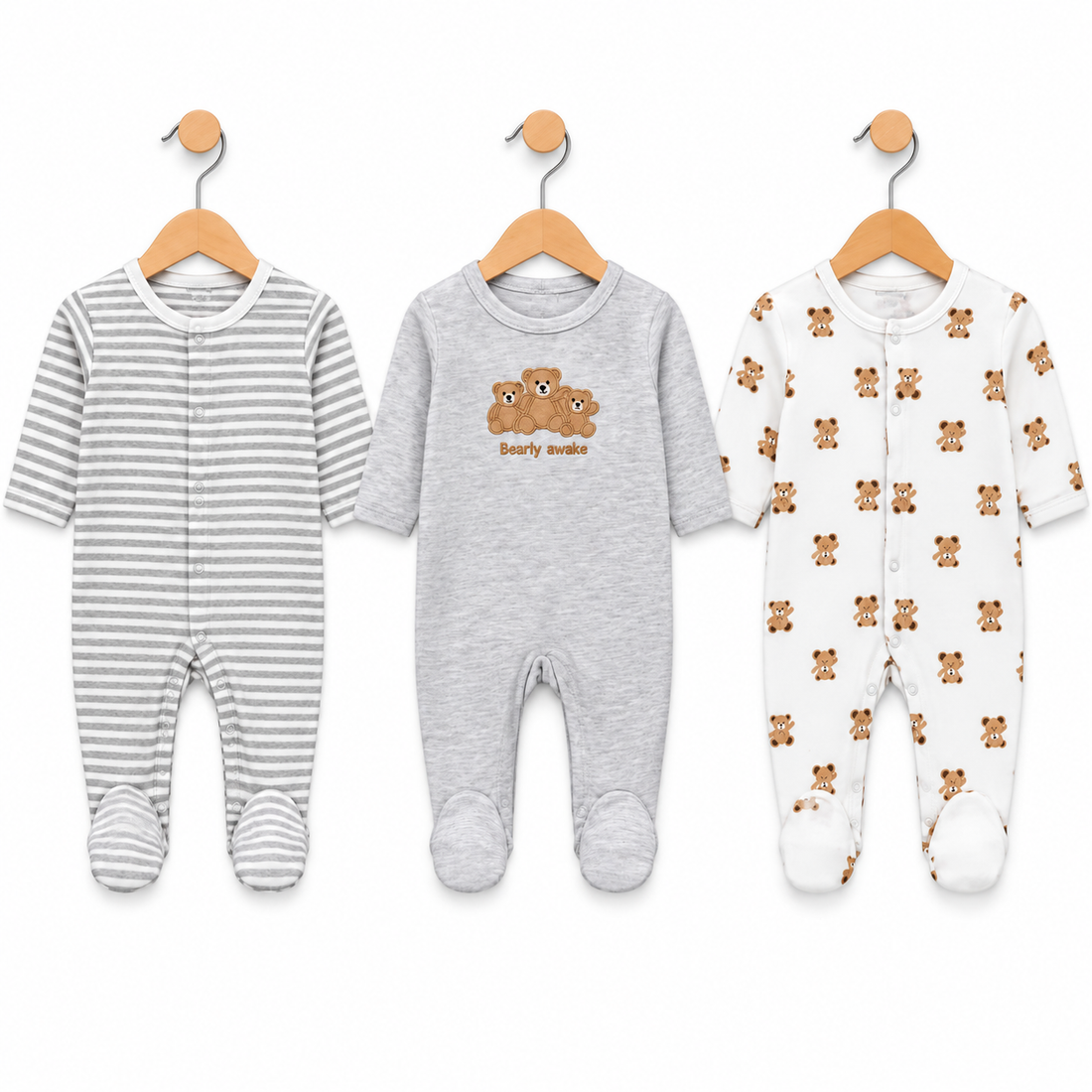 Bear – Grey & White baby footed romper