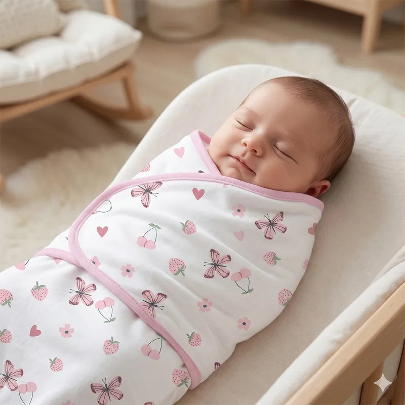 BABY ADJUSTABLE SWADDLE STRAWBERRY PRINT WHITE