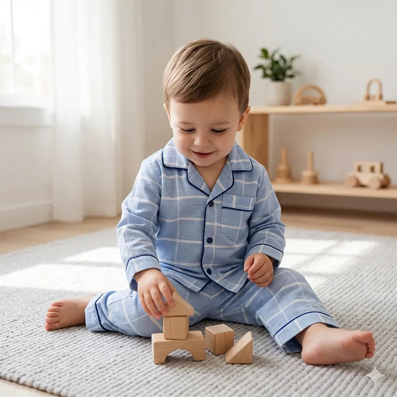 KIDZO BABY NIGHT SUIT CHECK CLASSIC BLUE WITH POCKET