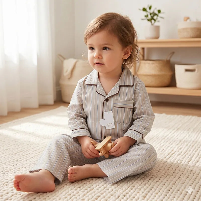 KIDZO BABY 2PCS SUIT LINE PRINTED LIGHT BROWN WITH POCKET