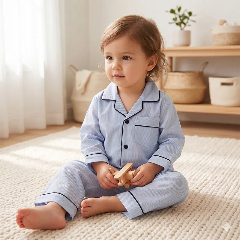 KIDZO BABY NIGHT SUIT TINY LINE PRINTED LIGHT BLUE WITH POCKET