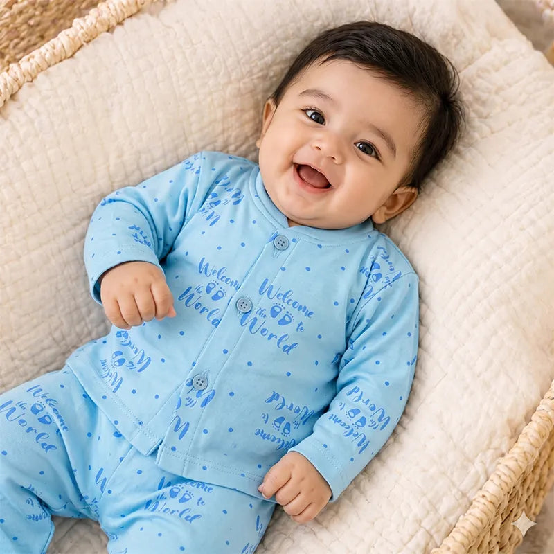 KIDZO BABY 2PCS SUIT WELCOME TO THE WORLD PRINTED BLUE