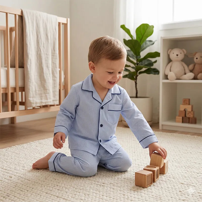 KIDZO BABY NIGHT SUIT TINY STRIP BLUE WITH POCKET