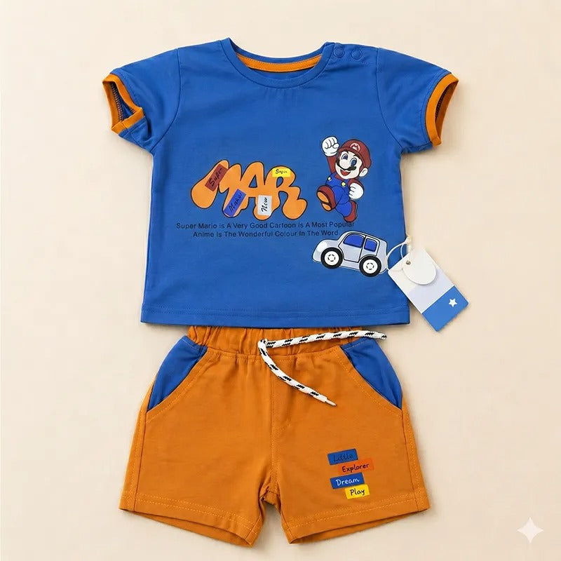 Imported Fabric Super Mario Print Summer Outfit for Baby/Baba Orange & Blue