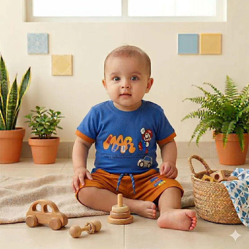 Imported Fabric Super Mario Print Summer Outfit for Baby/Baba Orange & Blue – additional product view 2 of 2