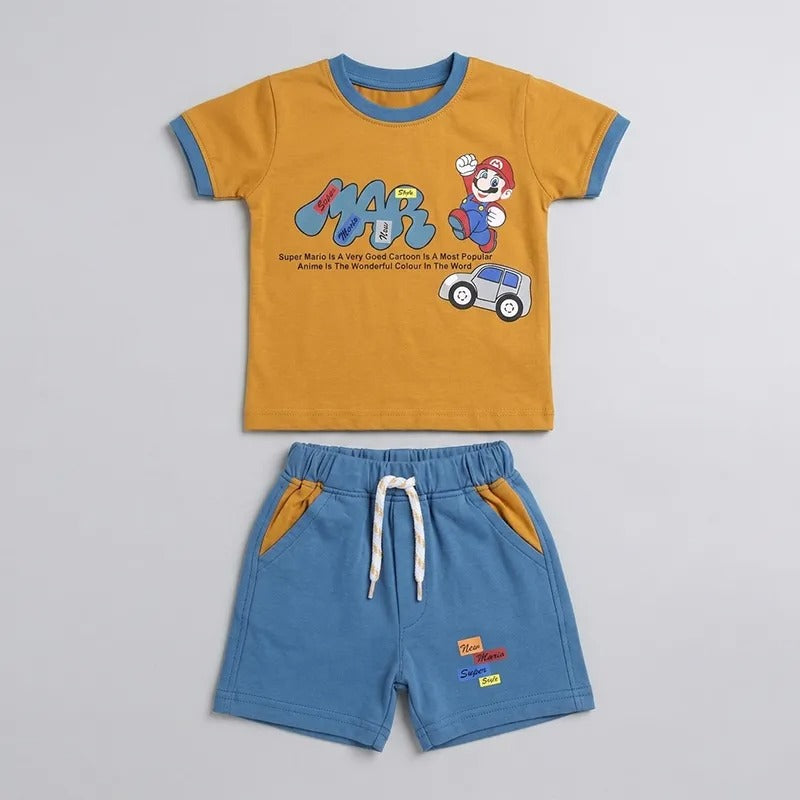 Imported Fabric Mario Print Summer Outfit for Baby/Baba Orange & Blue