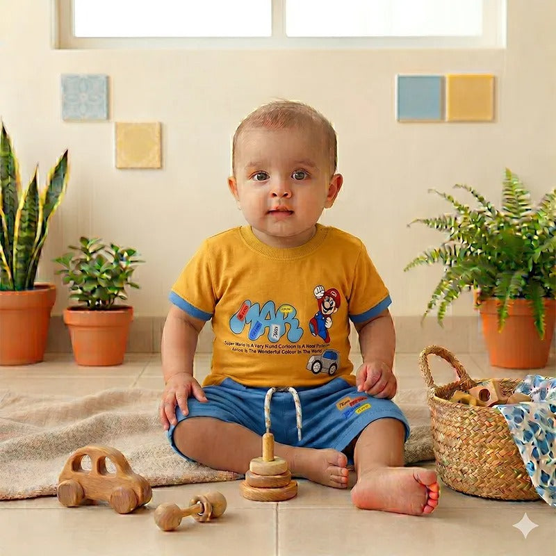 Imported Fabric Mario Print Summer Outfit for Baby/Baba Orange & Blue – additional product view 2 of 2