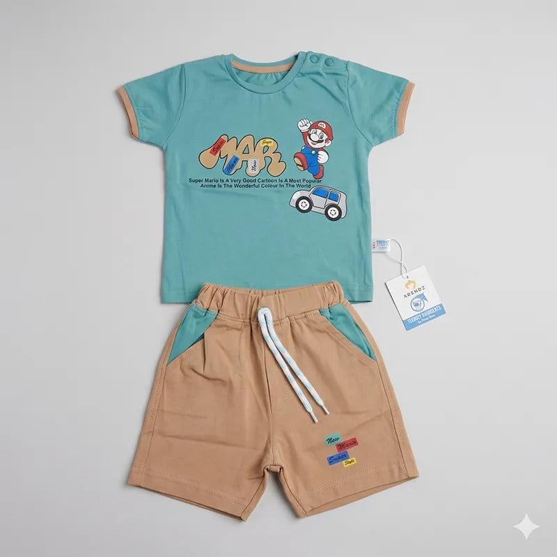 Imported Fabric Mario Print Summer Outfit for Baby/Baba Teal & Beige