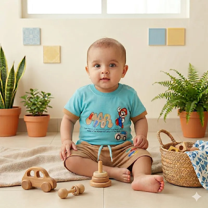 Imported Fabric Mario Print Summer Outfit for Baby/Baba Teal & Beige – additional product view 2 of 2