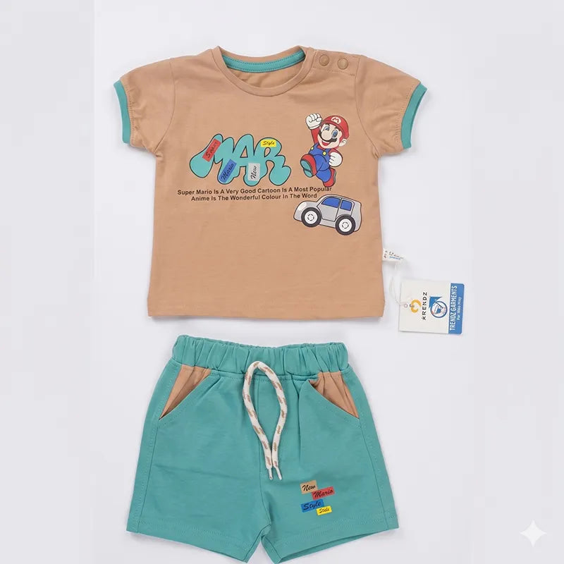 IMPORTED FABRIC MARIO SUMMER OUTFIT FOR BABY/BABA BEIGE & TEAL  