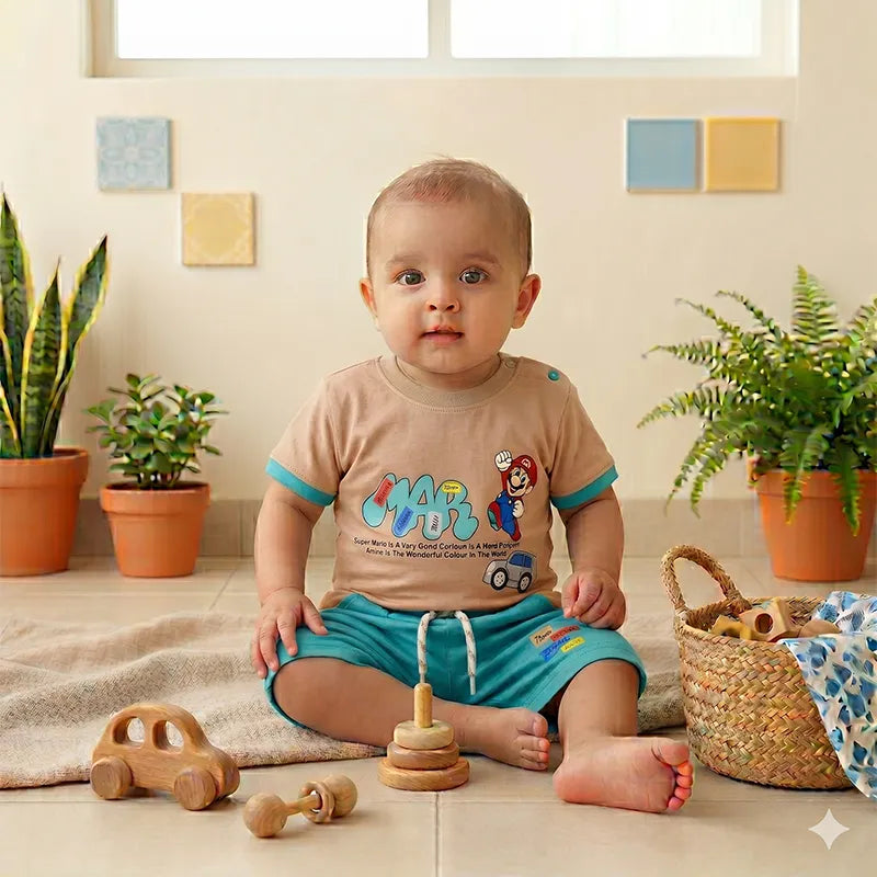 IMPORTED FABRIC MARIO SUMMER OUTFIT FOR BABY/BABA BEIGE & TEAL   - image 2