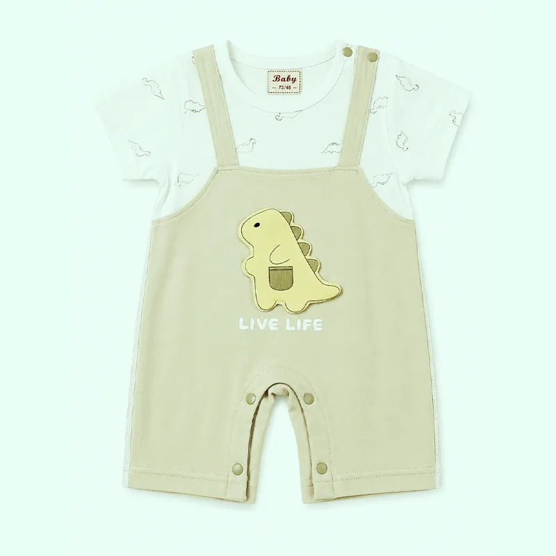 IMPORTED FABRIC BABY/BABA DINO SHORT LEG ROMPER BEIGE & WHITE SOFT COTTON SUMMER 