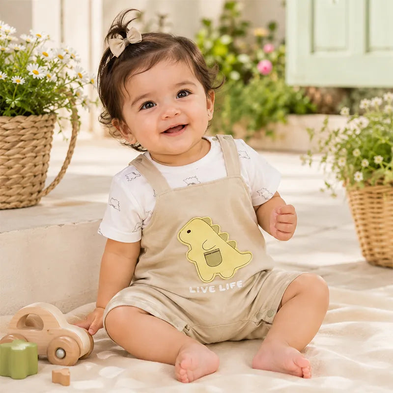 IMPORTED FABRIC BABY/BABA DINO SHORT LEG ROMPER SKIN & WHITE SOFT COTTON SUMMER  - image 3