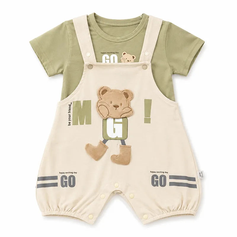 IMPORTED BABY BEAR ADVENTURE DUNGAREE ROMPER & T SHIRT SET (OLIVE GREEN & BEIGE) 