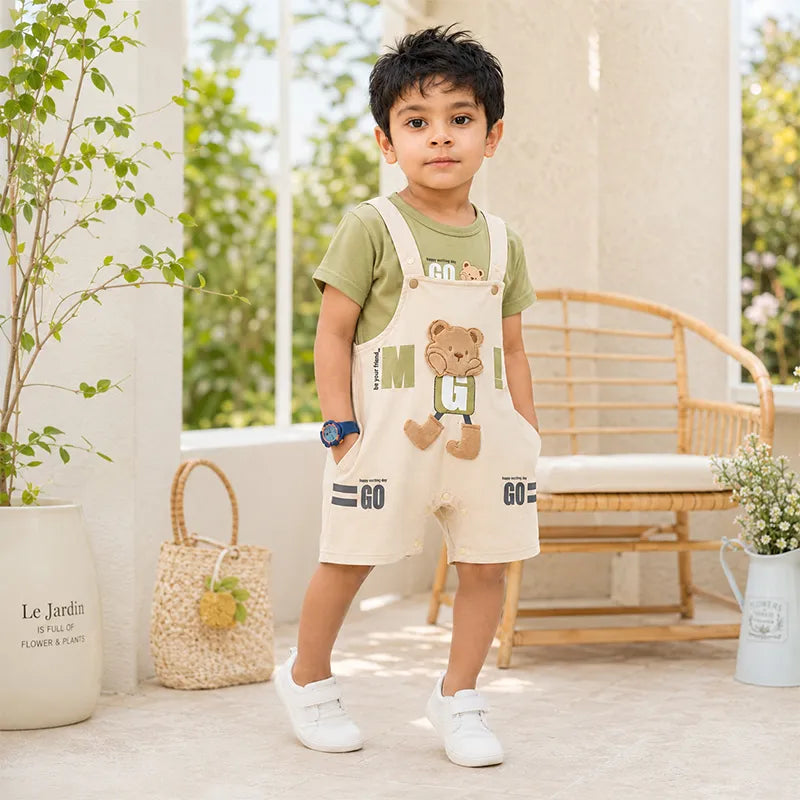 IMPORTED BABY BEAR ADVENTURE DUNGAREE ROMPER & T SHIRT SET (OLIVE GREEN & BEIGE)  - image 3