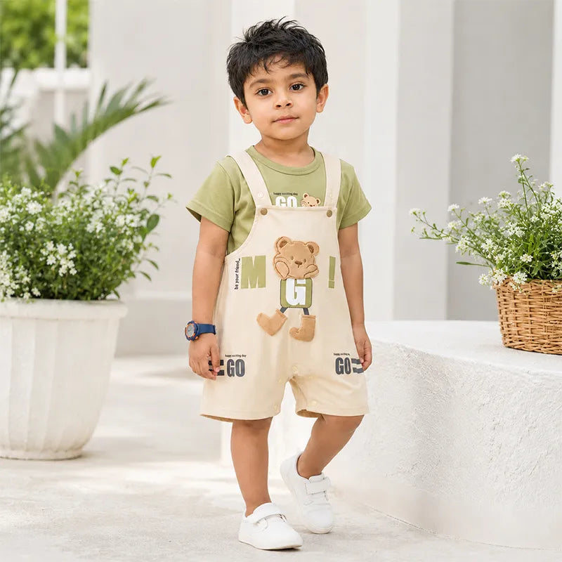 IMPORTED BABY BEAR ADVENTURE DUNGAREE ROMPER & T SHIRT SET (OLIVE GREEN & BEIGE)  - image 2