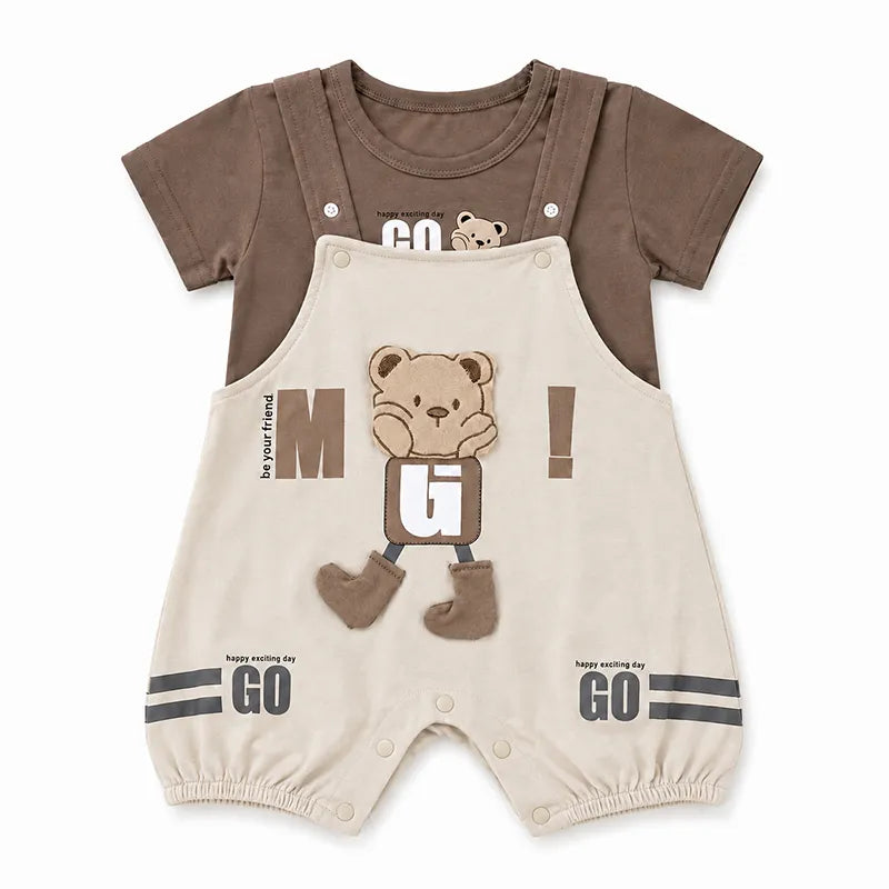 IMPORTED BABY BEAR ADVENTURE DUNGAREE ROMPER & SHIRT SET (CHOCOLATE BROWN & SOFT BEIGE) 