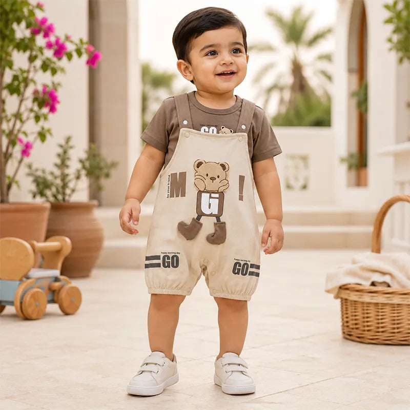 IMPORTED BABY BEAR ADVENTURE DUNGAREE ROMPER & SHIRT SET (CHOCOLATE BROWN & SOFT BEIGE)  - image 2