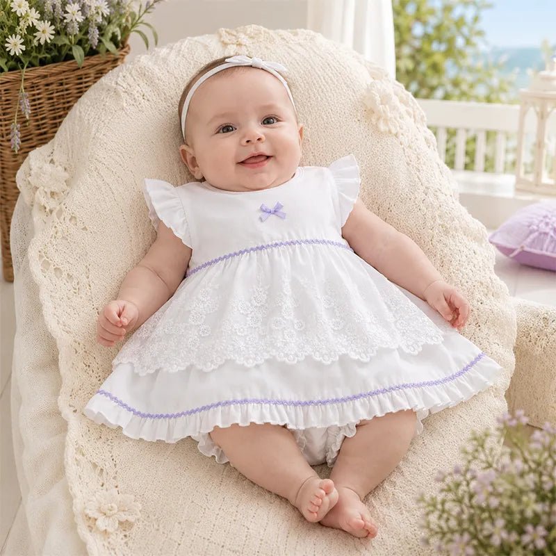 IMPORTED BABY GIRL ELEGANT WHITE LACE FROCK SET 100% COTTON SUMMER  - image 2