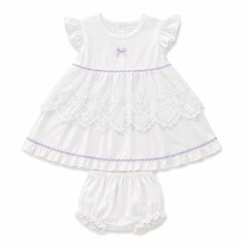 IMPORTED BABY GIRL ELEGANT WHITE LACE FROCK SET 100% COTTON SUMMER 