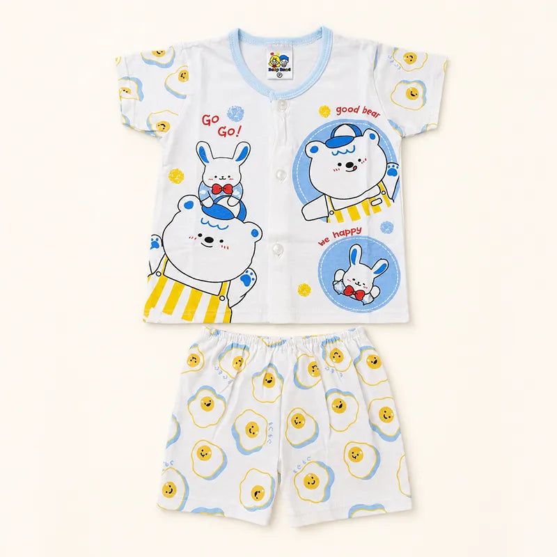 IMPORTED 100% COTTON SUMMER BABY HALF SLEEVE SUIT BEAR & BUNNY PRINT (WHITE&BLUE)