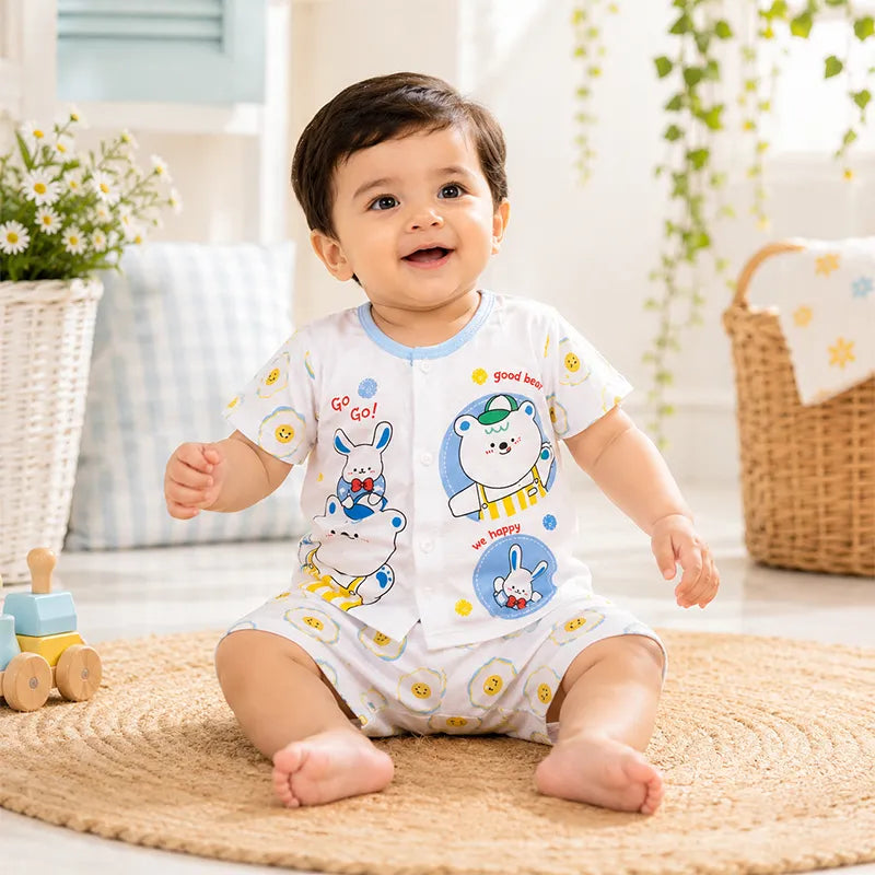 IMPORTED 100% COTTON SUMMER BABY HALF SLEEVE SUIT BEAR & BUNNY PRINT (WHITE&BLUE) - image 2