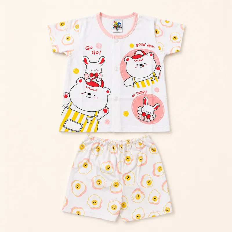 IMPORTED 100% COTTON SUMMER BABY HALF SLEEVE SUIT BEAR & BUNNY PRINT (WHITE&PINK)