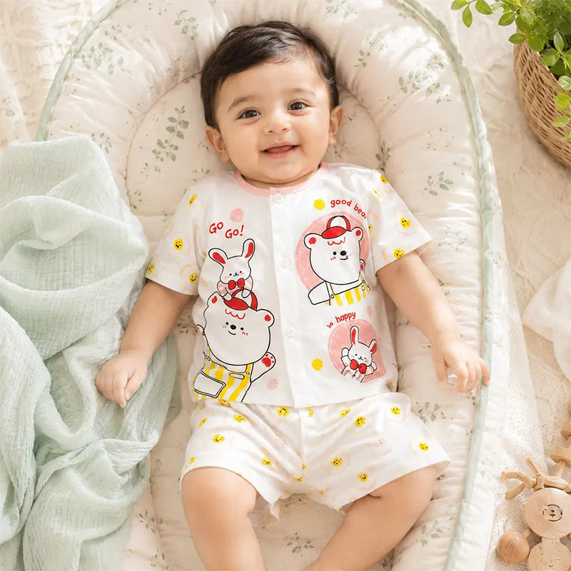 IMPORTED 100% COTTON SUMMER BABY HALF SLEEVE SUIT BEAR & BUNNY PRINT (WHITE&PINK) - image 2