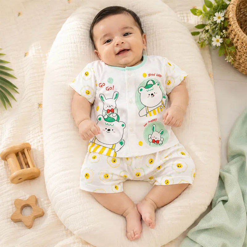 IMPORTED 100% COTTON SUMMER BABY HALF SLEEVE SUIT BEAR & BUNNY PRINT (WHITE & MINT) - image 2