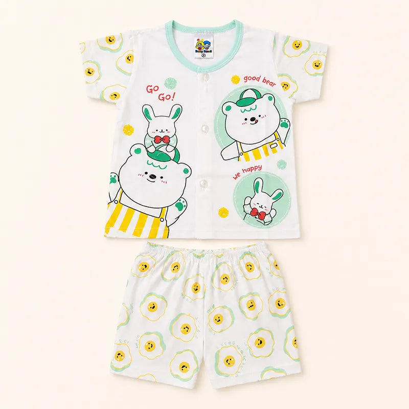 IMPORTED 100% COTTON SUMMER BABY HALF SLEEVE SUIT BEAR & BUNNY PRINT (WHITE & MINT)