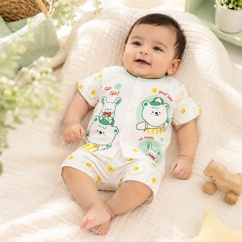 IMPORTED 100% COTTON SUMMER BABY HALF SLEEVE SUIT BEAR & BUNNY PRINT (WHITE & MINT) - image 3
