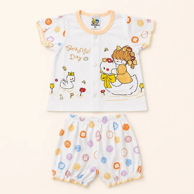 IMPORTED 100% COTTON SUMMER BABY GIRL HALF SLEEVE SUIT SWAN FLORAL PRINT (WHITE & PEACH)