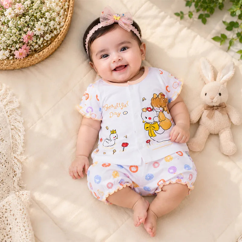 IMPORTED 100% COTTON SUMMER BABY GIRL HALF SLEEVE SUIT SWAN FLORAL PRINT (WHITE & PEACH) - image 2