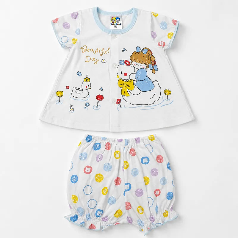 IMPORTED 100% COTTON SUMMER BABY GIRL HALF SLEEVE SUIT SWAN PRINT (WHITE & SKY BLUE)