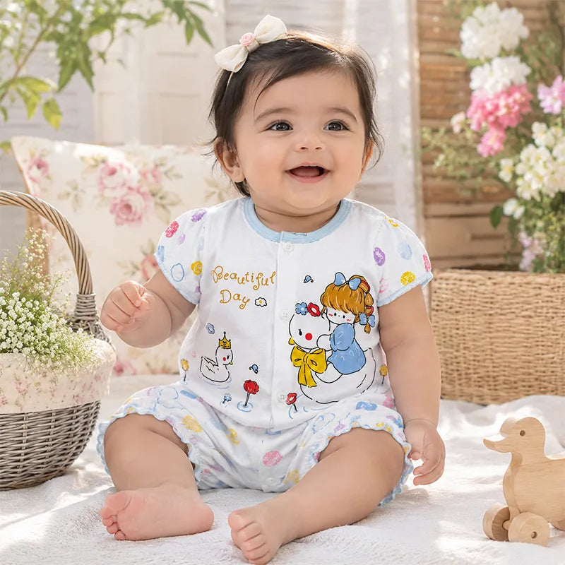 IMPORTED 100% COTTON SUMMER BABY GIRL HALF SLEEVE SUIT SWAN PRINT (WHITE & SKY BLUE) - image 2