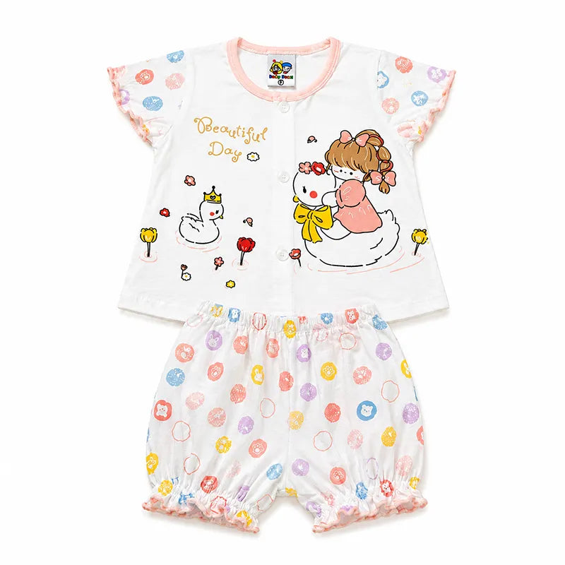 IMPORTED 100% COTTON SUMMER GIRL HALF SLEEVE SUIT SWAN FLORAL PRINT (WHITE & PINK) 