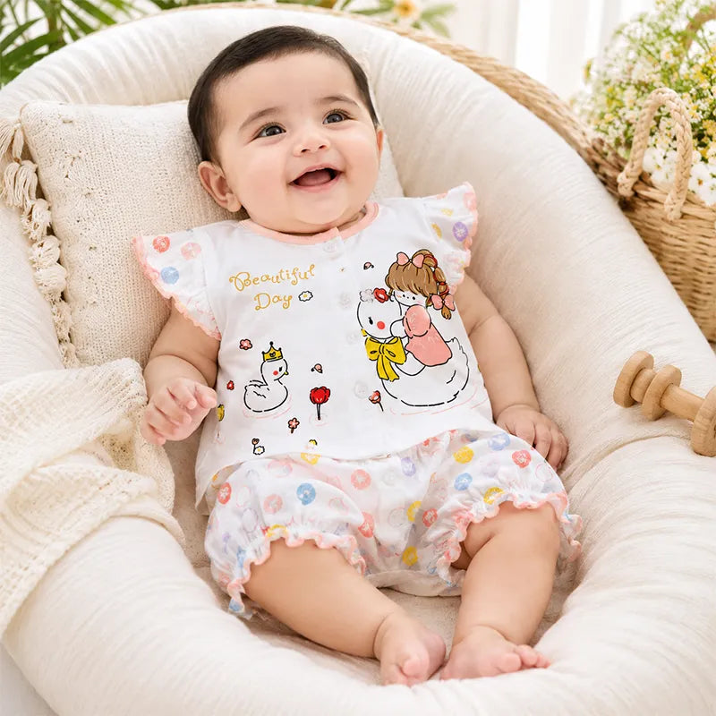 IMPORTED 100% COTTON SUMMER GIRL HALF SLEEVE SUIT SWAN FLORAL PRINT (WHITE & PINK)  - image 2