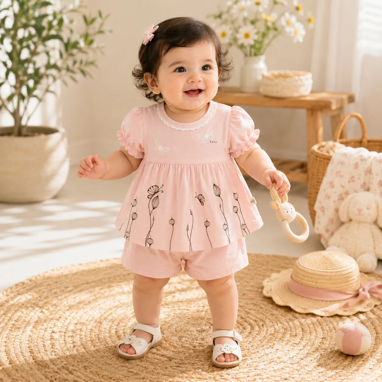 IMPORTED BABY GIRLS 100% COTTON SUMMER FROCK & SHORTS PINKY BUTTERFLY PRINT  - image 2
