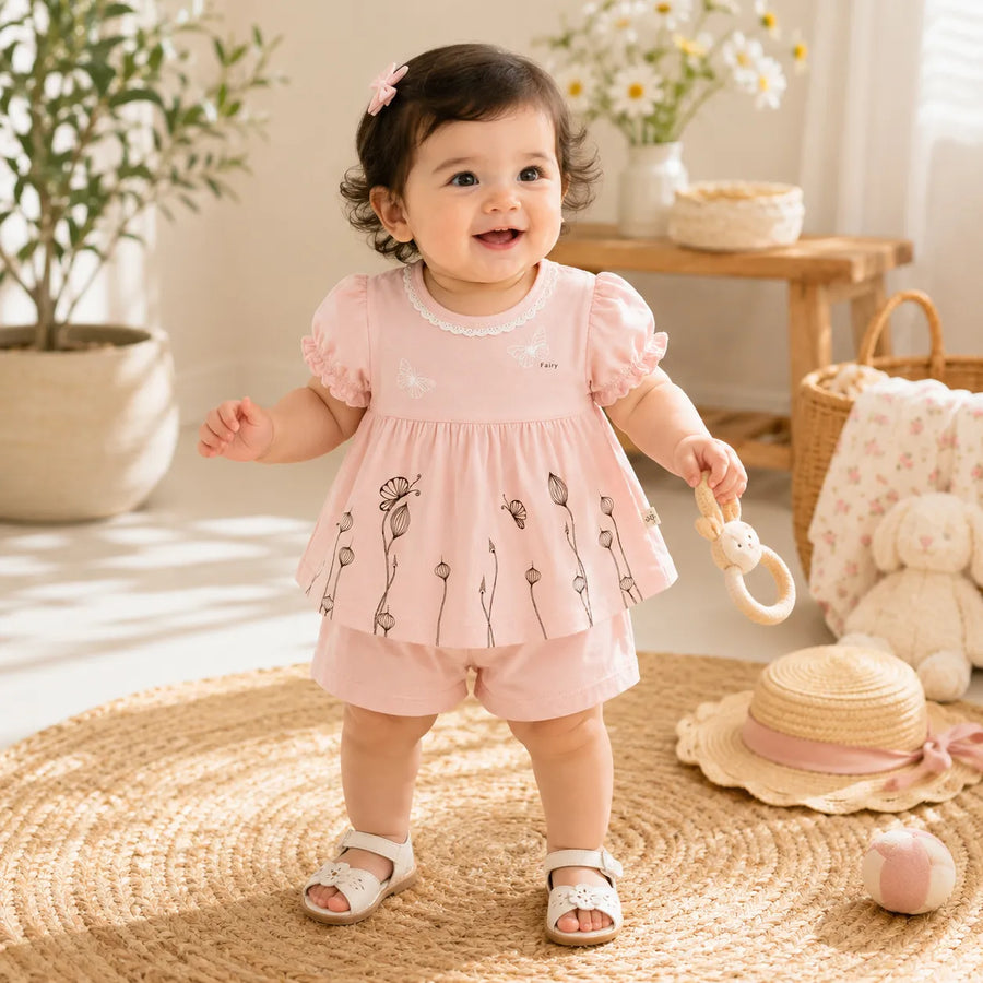 IMPORTED BABY GIRLS 100% COTTON SUMMER FROCK & SHORTS PINKY BUTTERFLY PRINT  - image 2