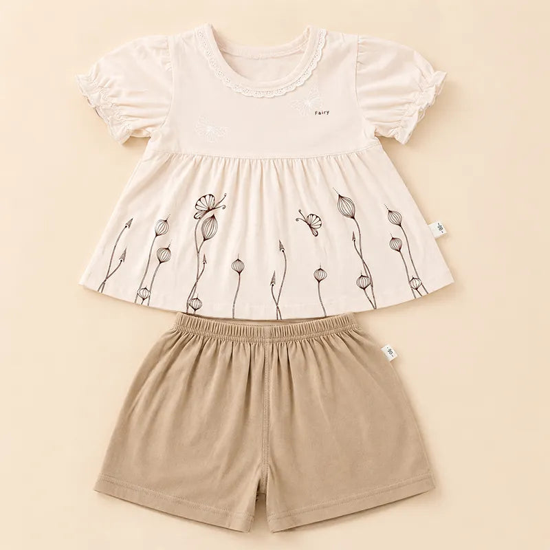 IMPORTED BABY GIRLS 100% COTTON SUMMER FROCK & SHORTS CREAM BUTTERFLY PRINT 