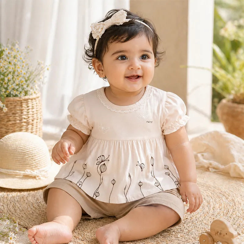 IMPORTED BABY GIRLS 100% COTTON SUMMER FROCK & SHORTS CREAM BUTTERFLY PRINT  - image 2