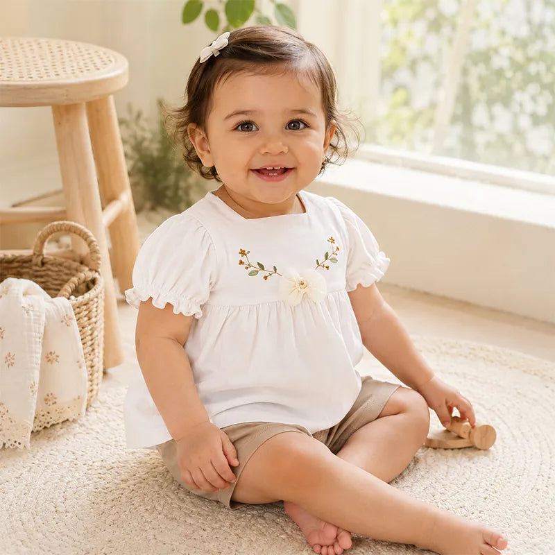 IMPORTED ELEGANT BABY GIRL SOFT COTTON FROCK DRESS SET IVORY BLOSSOM THEM  - image 2