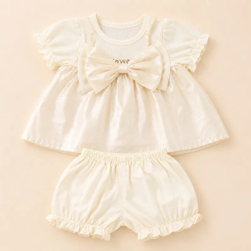 IMPORTED BABY GIRLS ELEGANT PARTY WEAR DRESS SUMMER FABRIC NET FROCK CREAMY BOW 