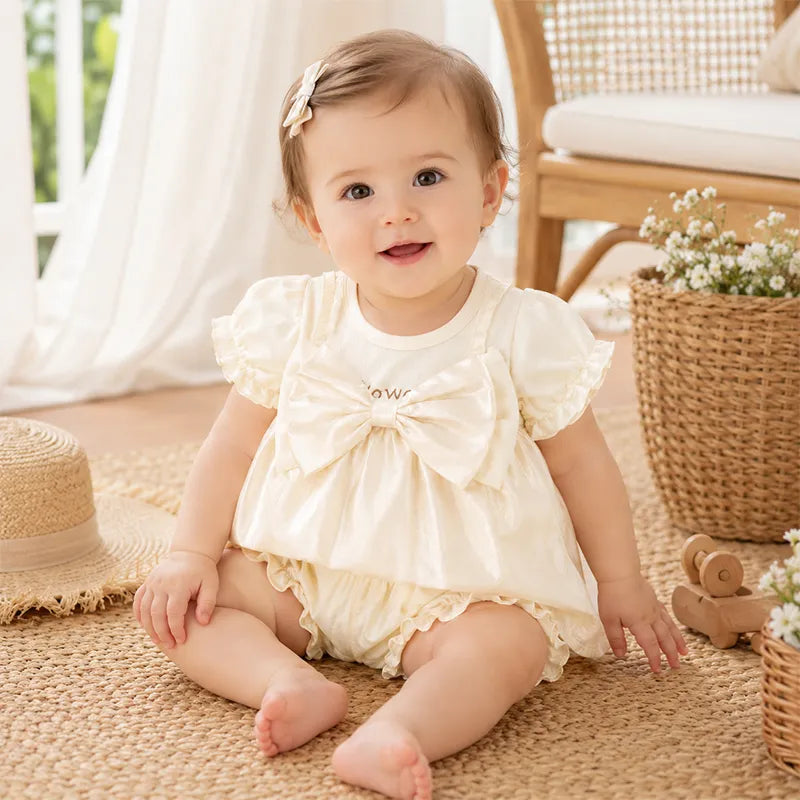 IMPORTED BABY GIRLS ELEGANT PARTY WEAR DRESS SUMMER FABRIC NET FROCK CREAMY BOW  - image 2