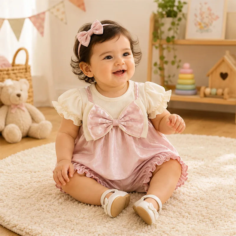 IMPORTED BABY GIRLS ELEGANT PARTY WEAR DRESS SUMMER FABRIC NET FROCK PINK BOW  - image 2