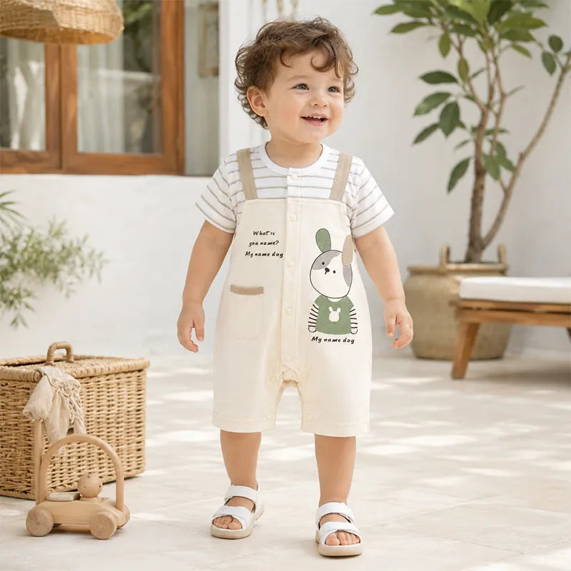 IMPORTED BABY SUMMER COTTON ROMPER HALF SLEEVE/LEG DOG PRINT DUNGAREE STYLE  - image 2