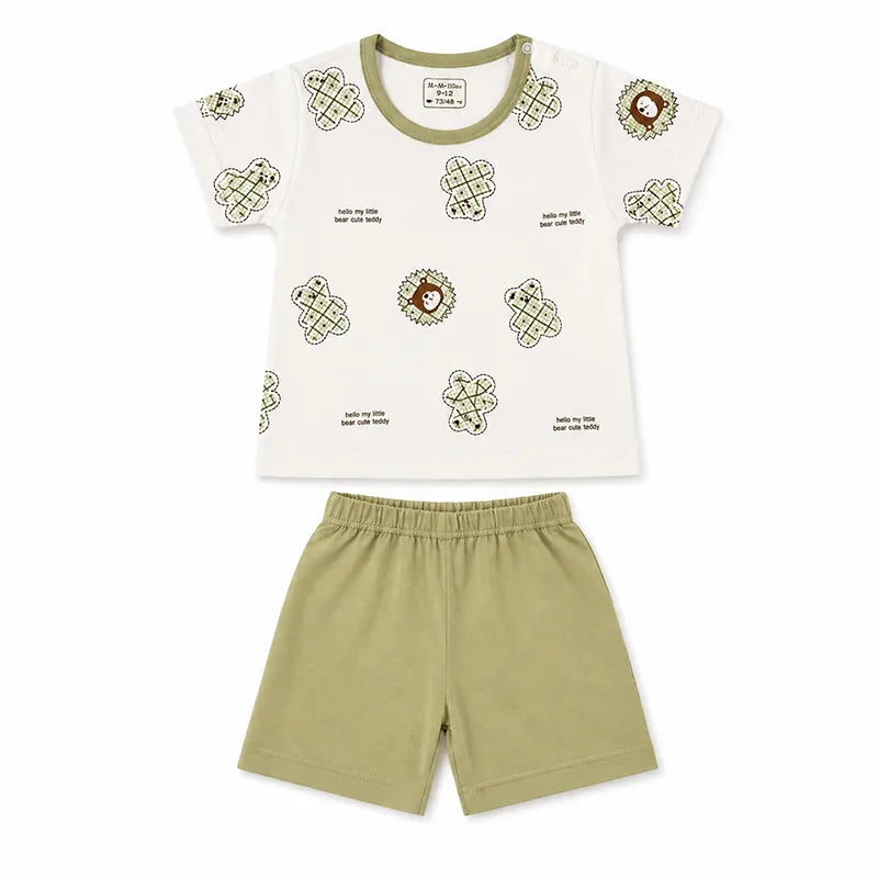 IMPORTED STUFF BABY COTTON SUMMER T-SHIRT & SHORTS SET OLIVE GREEN WHITE  