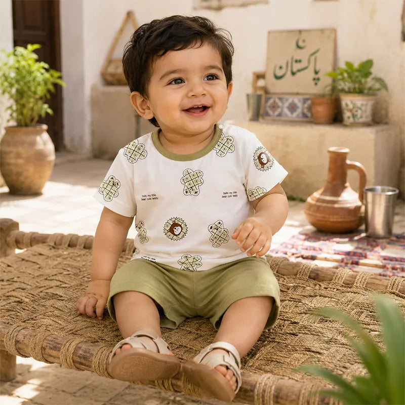 IMPORTED STUFF BABY COTTON SUMMER T-SHIRT & SHORTS SET OLIVE GREEN WHITE   - image 2
